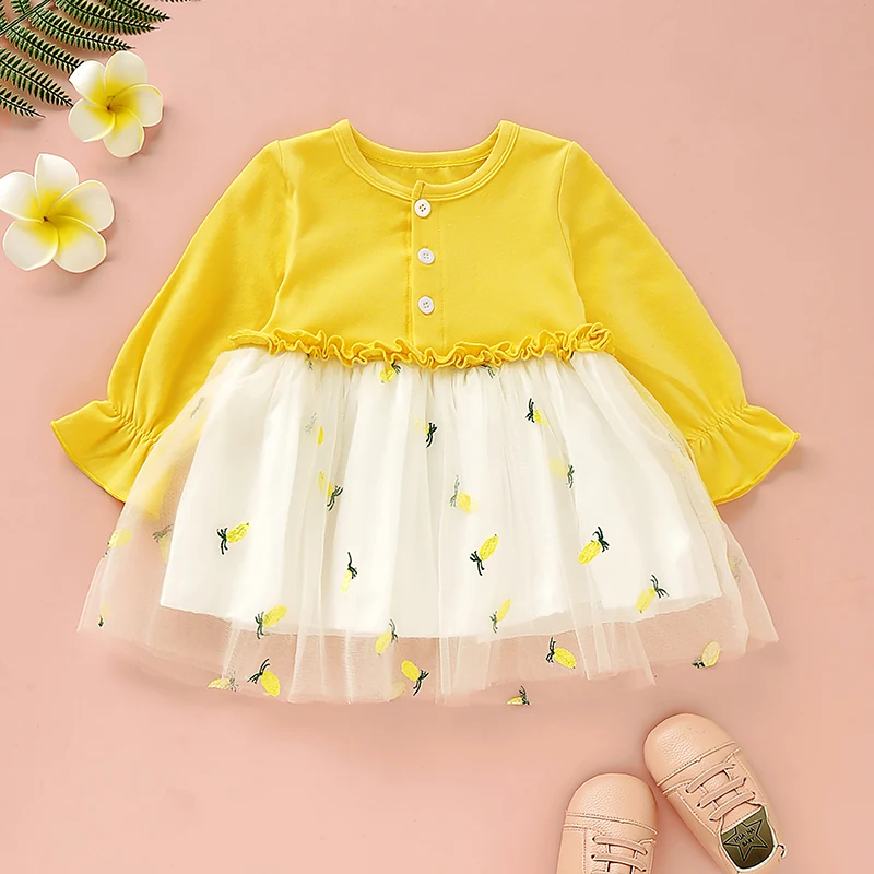 Baby Girls bodysuit Dress Lace Mesh Infant Girl Dress with Mesh Patchwork, Pineapple Clothing
