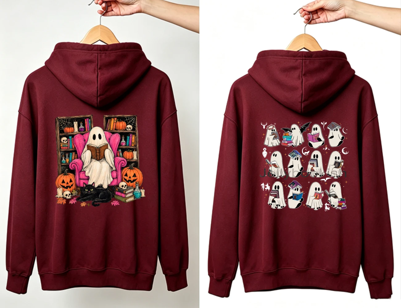 Funny Ghost Reading Books Library Halloween Hoodie Women Unisex Teacher Student Black Cat Pumpkin Burgundy Pullover Top Gift