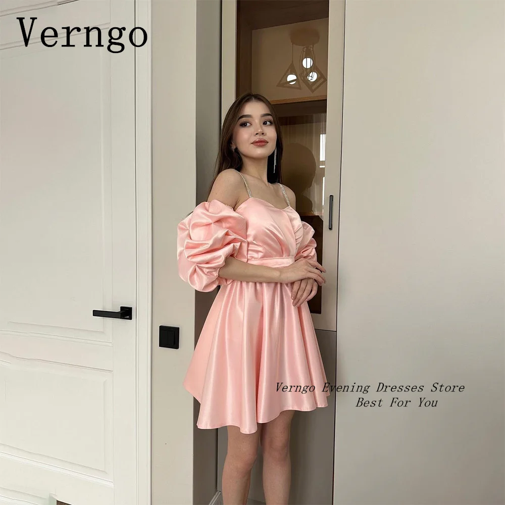 

Verngo Pink Satin Short Prom Gown Simple A Line Mini Party Dress For Women Formal Occasion Dress Crystal Spaghetti Straps