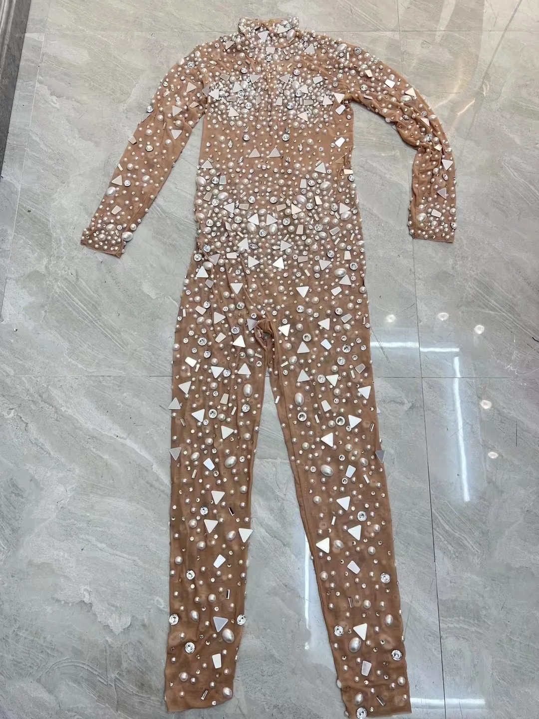 Sparkly AB Crystals Mesh Jumpsuit Sexy See through Rhinestones Bodysuit Rompers for Stage Birthday Dance Evening Outfit