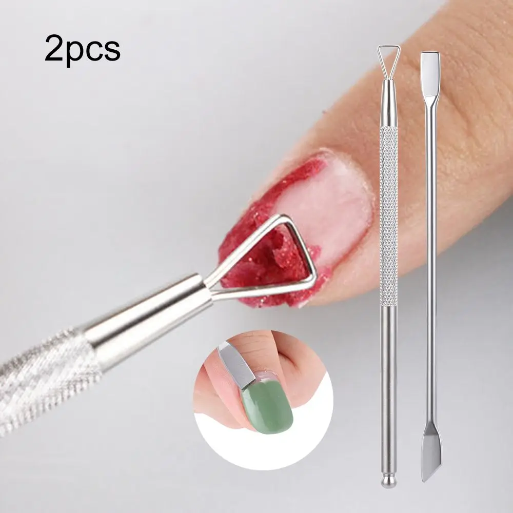 Aço inoxidável Nail Gel Cleaner Stick Rod Set, Empurrador de cutícula Dual-Ended, removedor de esmalte, Moda Beleza, 2 pcs