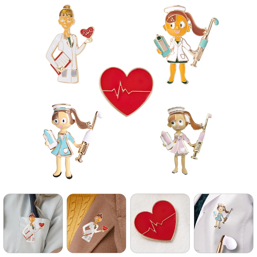 

5pcs Heart Shaped Alloy Brooch Nurse Doctor Theme Breastpins Drip-Oil Strong Long Lasting Medical Graduates Decorative Costume