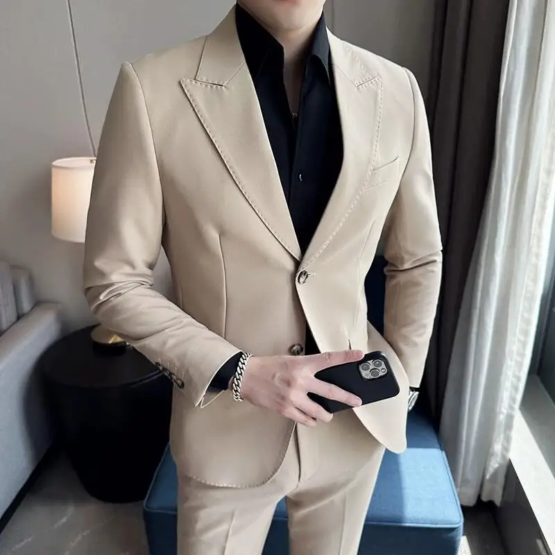 Jacket + Pants 2 Pieces Men\'s Elegant Fashion Slim Fit Suits Formal Business Wedding Tuxedos Casual Gentleman Solid Dress Suit