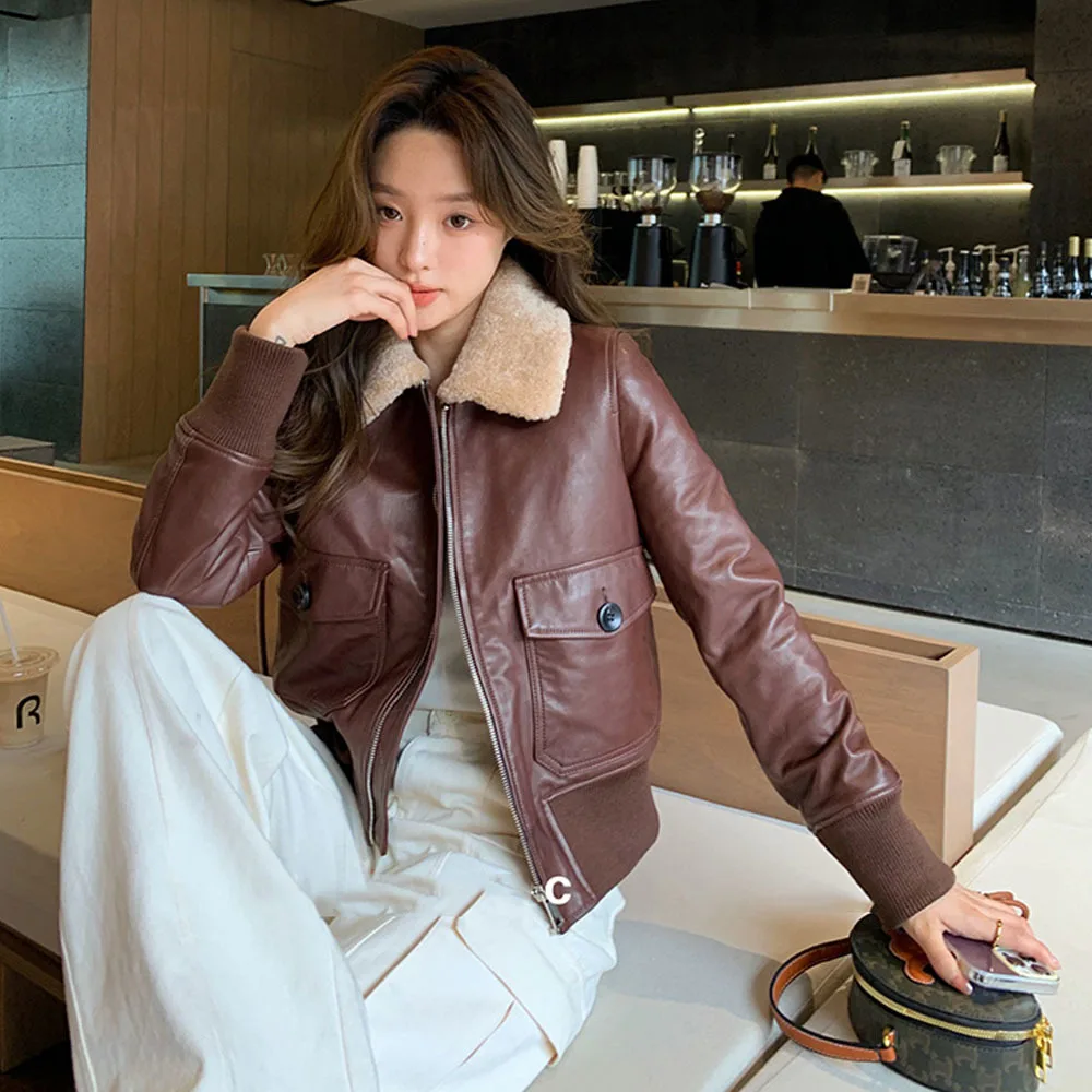 Autumn Winter Short Leather Jackets For Women Coat Retro Fur Lapel Locomotive Outerwear Thicken Lambhair Liner Motorcycle Coats