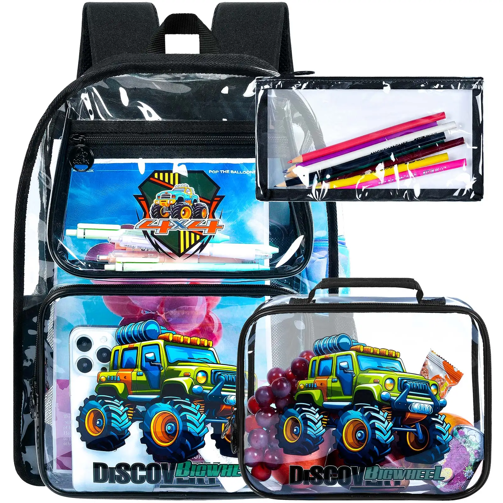 3pcs-kid's-backpack-for-boys-cool-vehicle-print-clear-school-set-zipper-closure-casual-backpack-with-handbag-and-pen-pouch-for