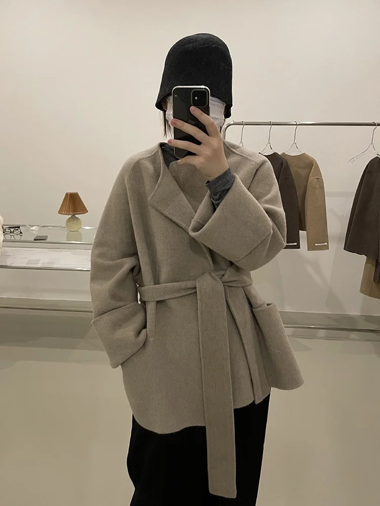 HTBT23 Autumn/Winter New Korean Version Double sided Fleece Coat for Women Small and Slim, Hepburn Style Solid Color Fleece Coat