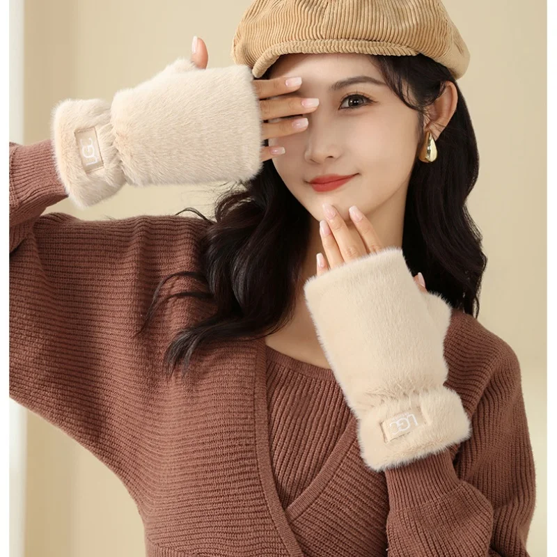 Girls Touch Screen Gloves Hand Wrist Warmer Women Faux Fur Gloves Warm Plush Fur Mittens Winter Thick Fingerless Sleeve Covers