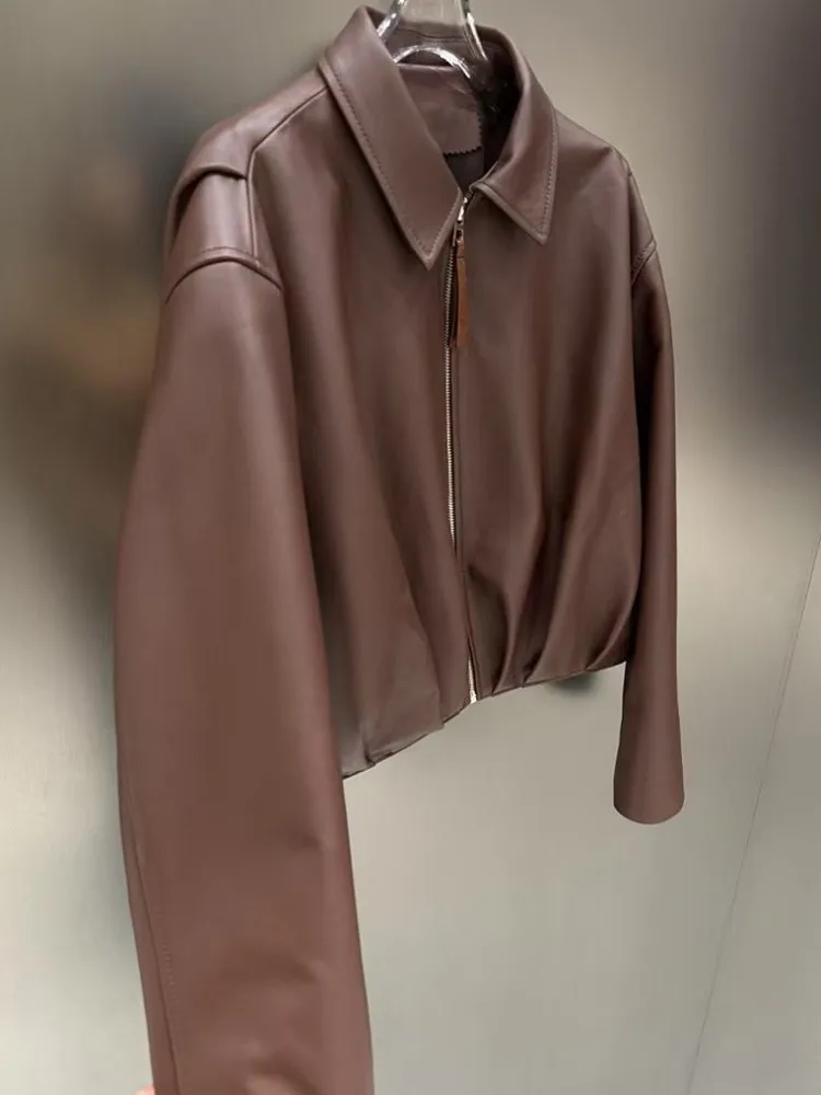 سترة مكتب للسيدات بياقة مقلوبة من الجلد الطبيعي مريحة بلون سادة من جلد الغنم وأكمام طويلة وسحاب ملابس خارجية فضفاضة