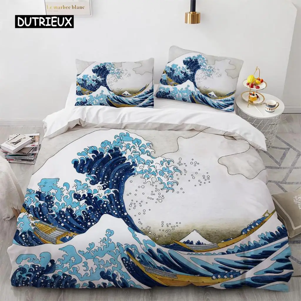 Ensemble de housse de couette en polyester à motif Hokusai Wave, housse de couette japonaise Ukiyoe, style de croquis financier, ensemble de literie double Ocean Queen