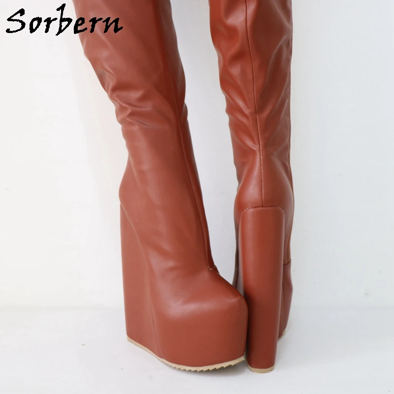 Sorbern 22Cm Brown Long Boots Women Wedge Heels Hidden Platform Winter Style Plush Lining Thigh High Boot Custom Leg Size Colors