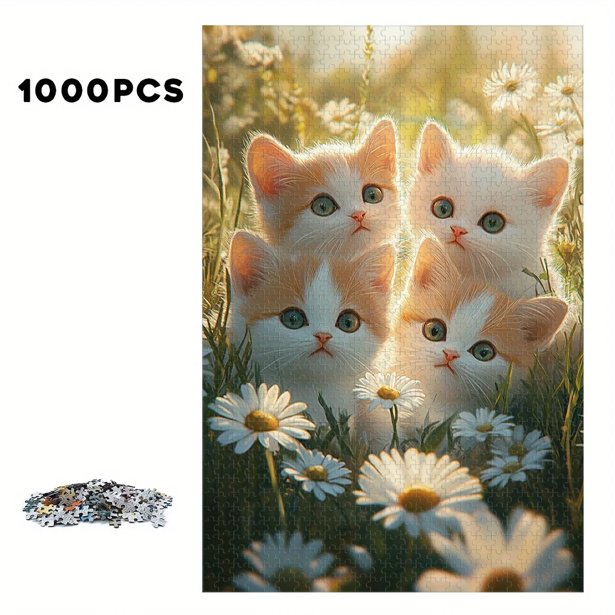 One colorful wooden puzzle experience, 500/1000pcs cute cat-themed jigsaw puzzle with adorable kittens amidst daisy fields, be