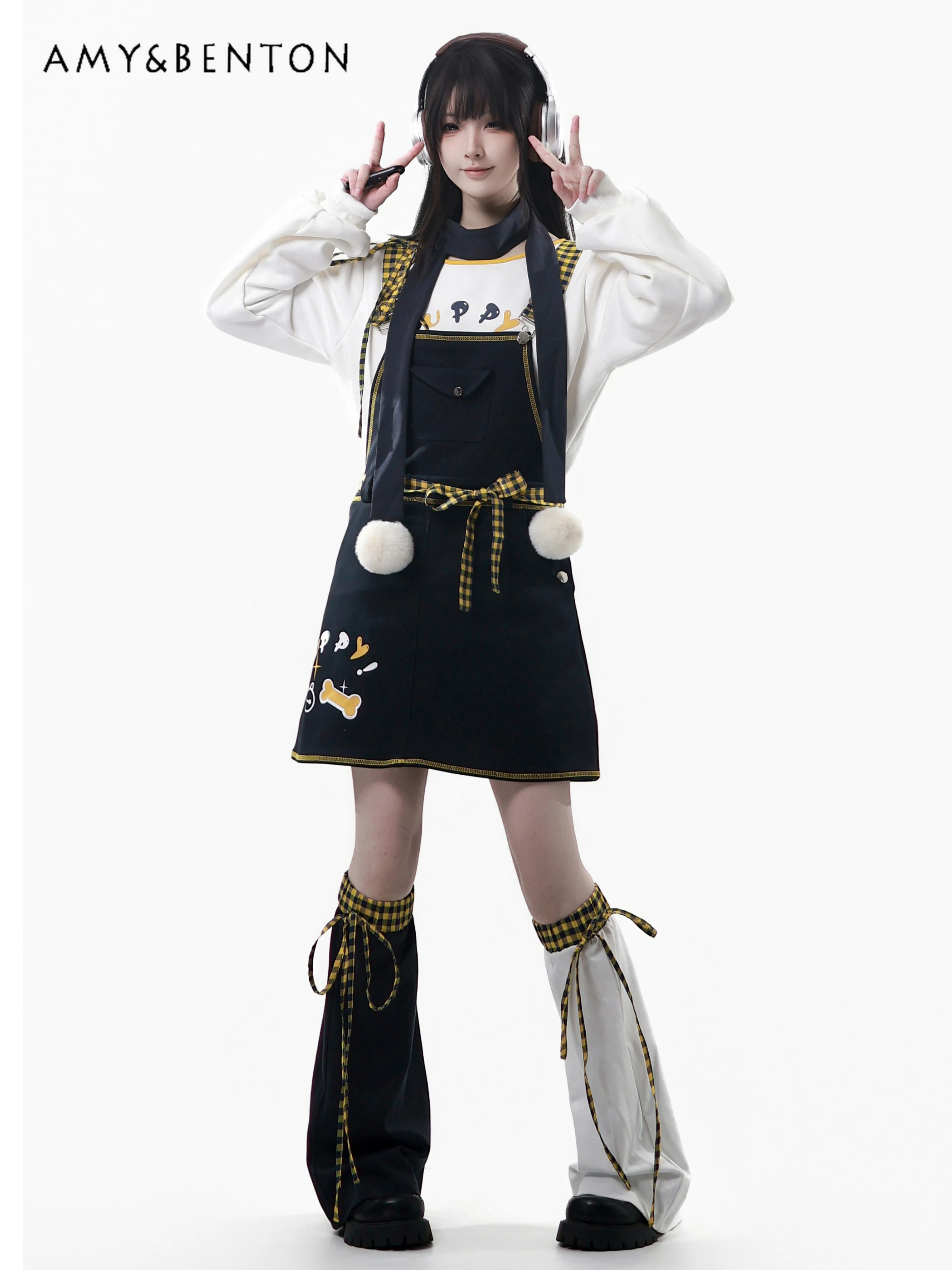 

Милый милый комбинезон с мультяшным принтом, комплекты в студенческом стиле, кавайный лоскутный цветной свитшот с капюшоном, юбка на бретелях, комплект из двух предметов для женщин