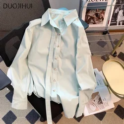 DUOJIHUI French Green Chicly Lace-up Loose Casual Women Shirt Fashion Polo Neck Solid Color Simple Single Breasted Female Shirt