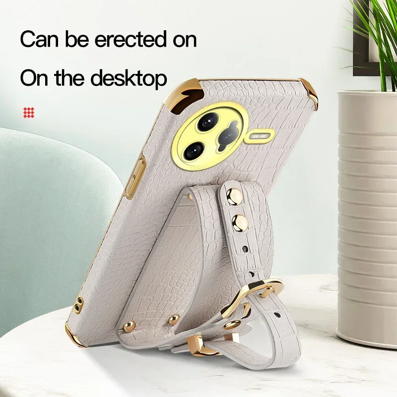 

Wrist Strap Crocodile PU Leather Silicone Cases For Poco F6 Pro F7 Ultra F5 F3 F4 GT With Wristband Stand Soft Cover Phone Case