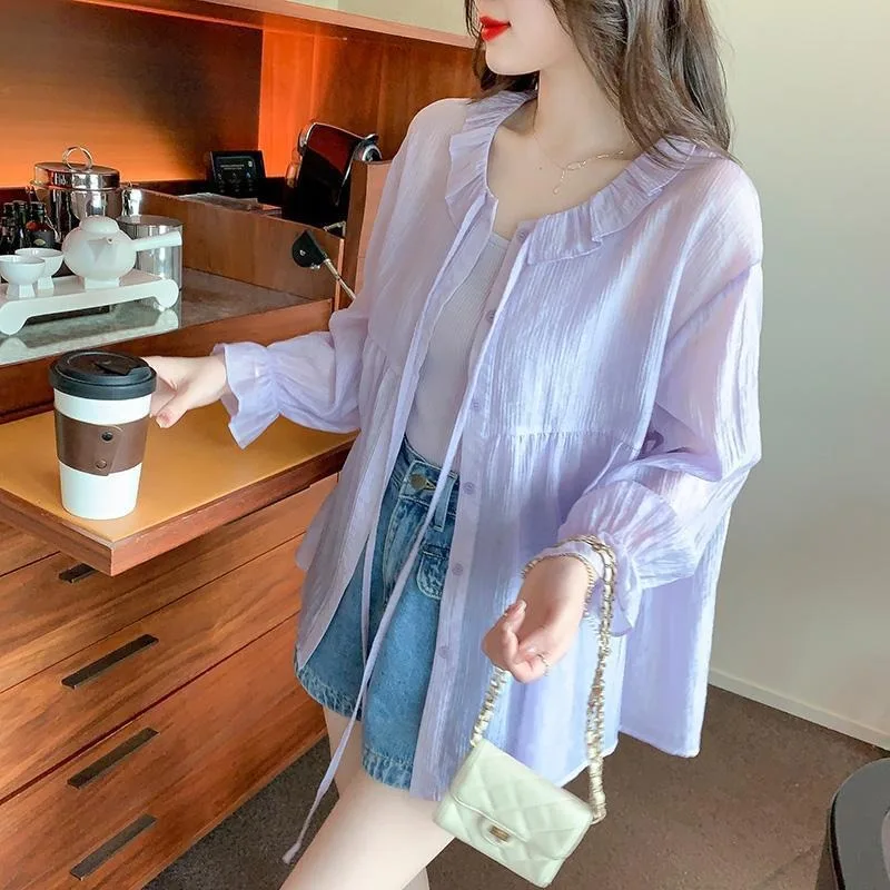 Einfarbige, dünne Sonnenschutz-Oberteile aus Chiffon für Damen, modische, vielseitige Strickjacke mit Rundhalsausschnitt und langen Ärmeln und Knopfleiste