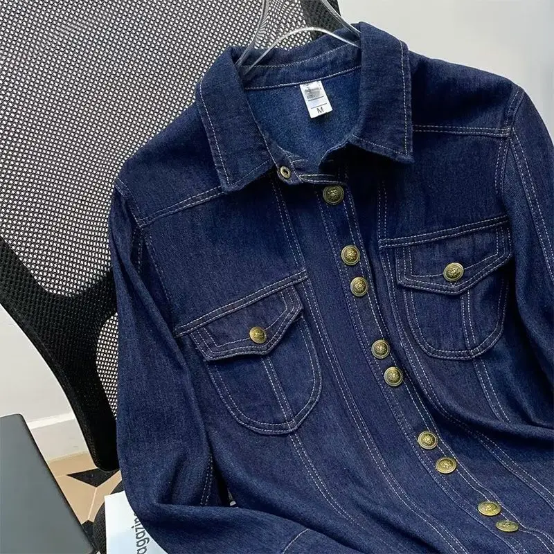 Hong Kong Style Retro Collar Denim Shirt for Women in Spring and Autumn 2024 New Fashion Versatile Loose Thin Top Jacket