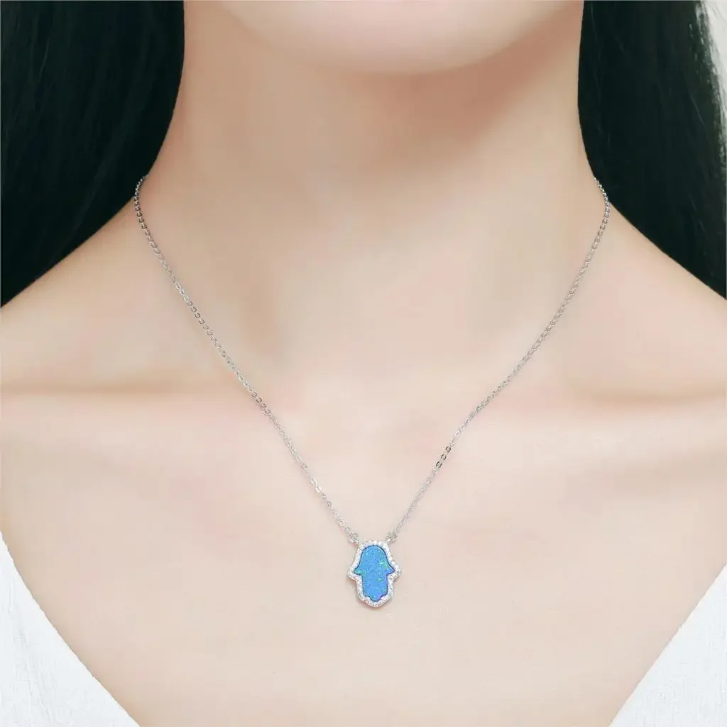 TONGZHE Luxury Synthetic Opal Hamsa Hand Pendant Necklace Sterling Silver 925 Jewelry Necklace Women Cable Chain 16\