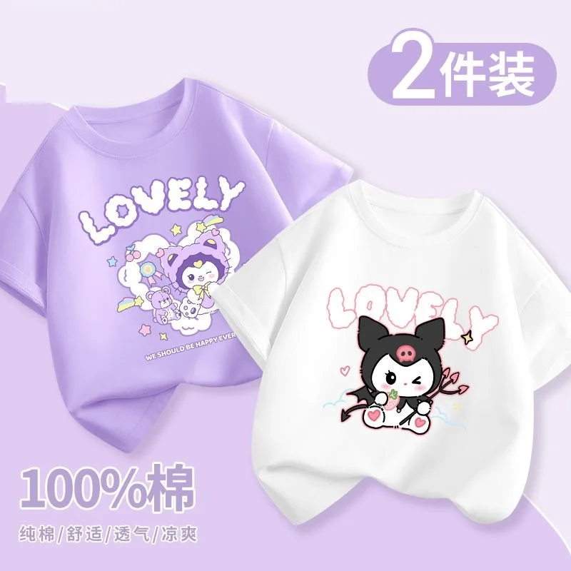 Camiseta infantil de algodão sanrioed Kuromi Cinnamoroll, blusa com gola redonda, manga curta, roupas casuais, verão, nova, 2 peças