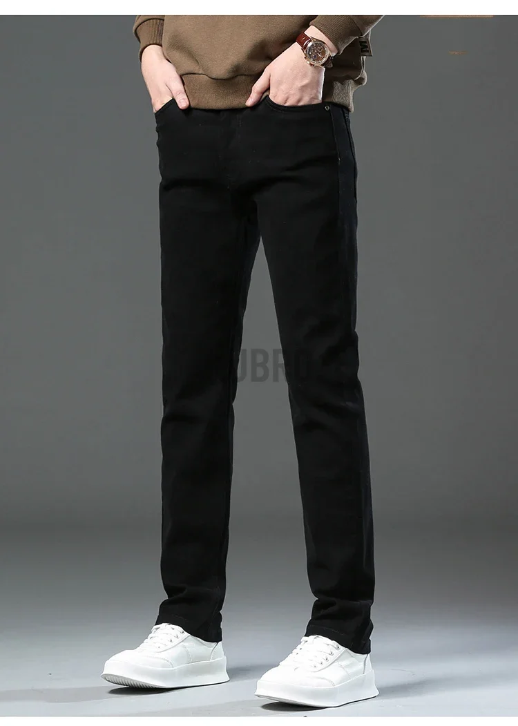 Markenmode, lockere, gerade geschnittene Business-Casual-Stretch-Jeanshose für Herren, Markenhose in 3 Farben, Übergröße, Herrenbekleidung, schmale Jeans – Detail 8