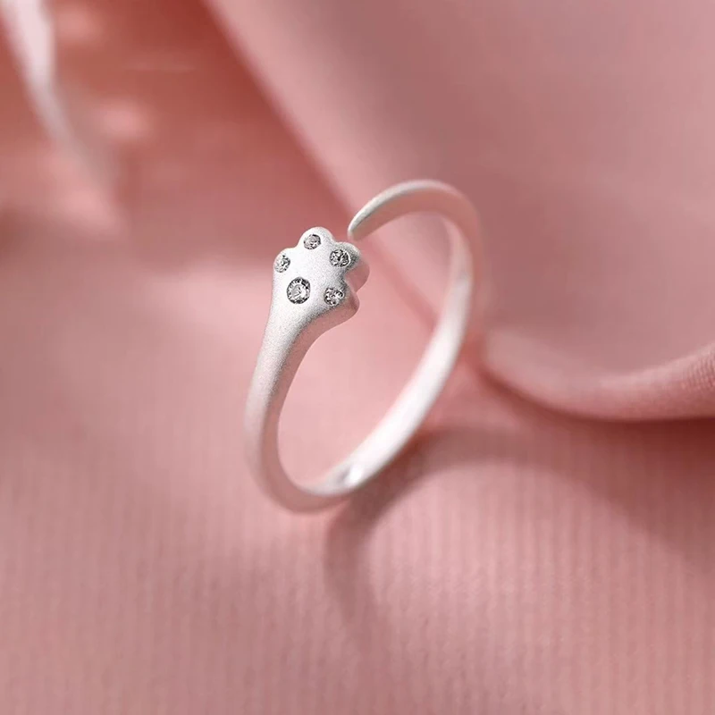 Silver Color Cute Cat's Paw Zircon Opening Ring for Charming Women Fashion Jewelry Ajustable Cartoon Sweet Accessories