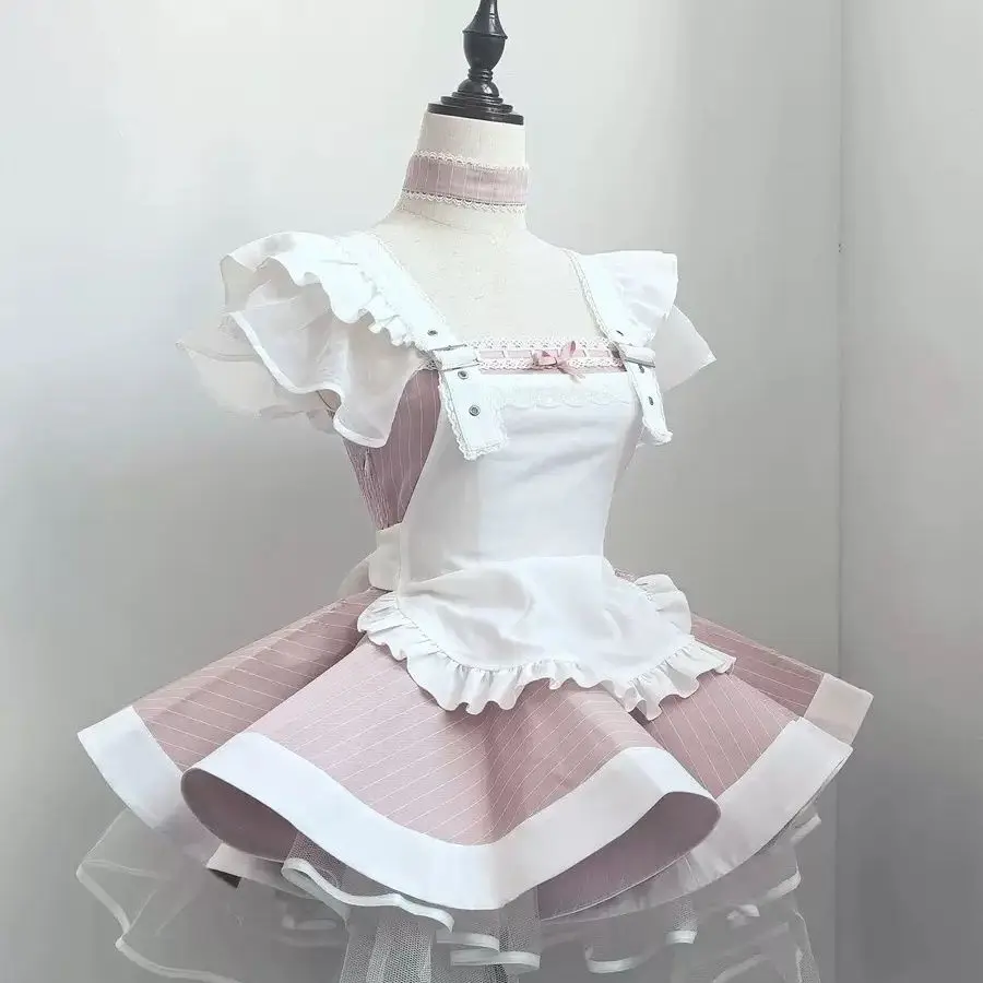 

Japan Retro Subculture Maid Outfit Pink And White Striped Soft Girl Lolita Short Dress Cute Maid Suit