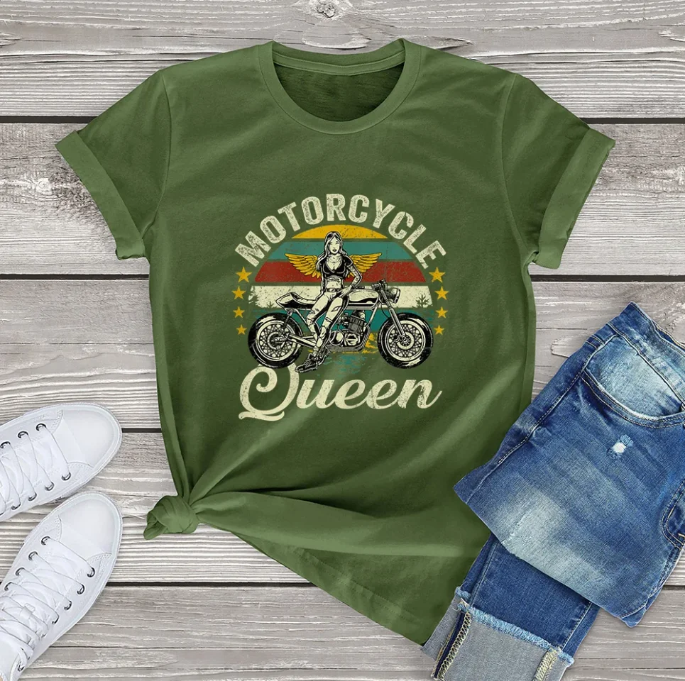 FLC 100% Cotton Personality Fashion Vintage Motorcycle Queen Grandma Clothing Gift Women T-Shirt Printed Unisex Tee Streetwear