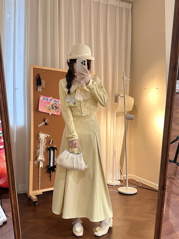 

Милый желтый комплект из двух предметов с кукольным воротником, женская осенняя коллекция Faion, юбка с высокой талией, длинная све, повседневная молодежная одежда обычного кроя