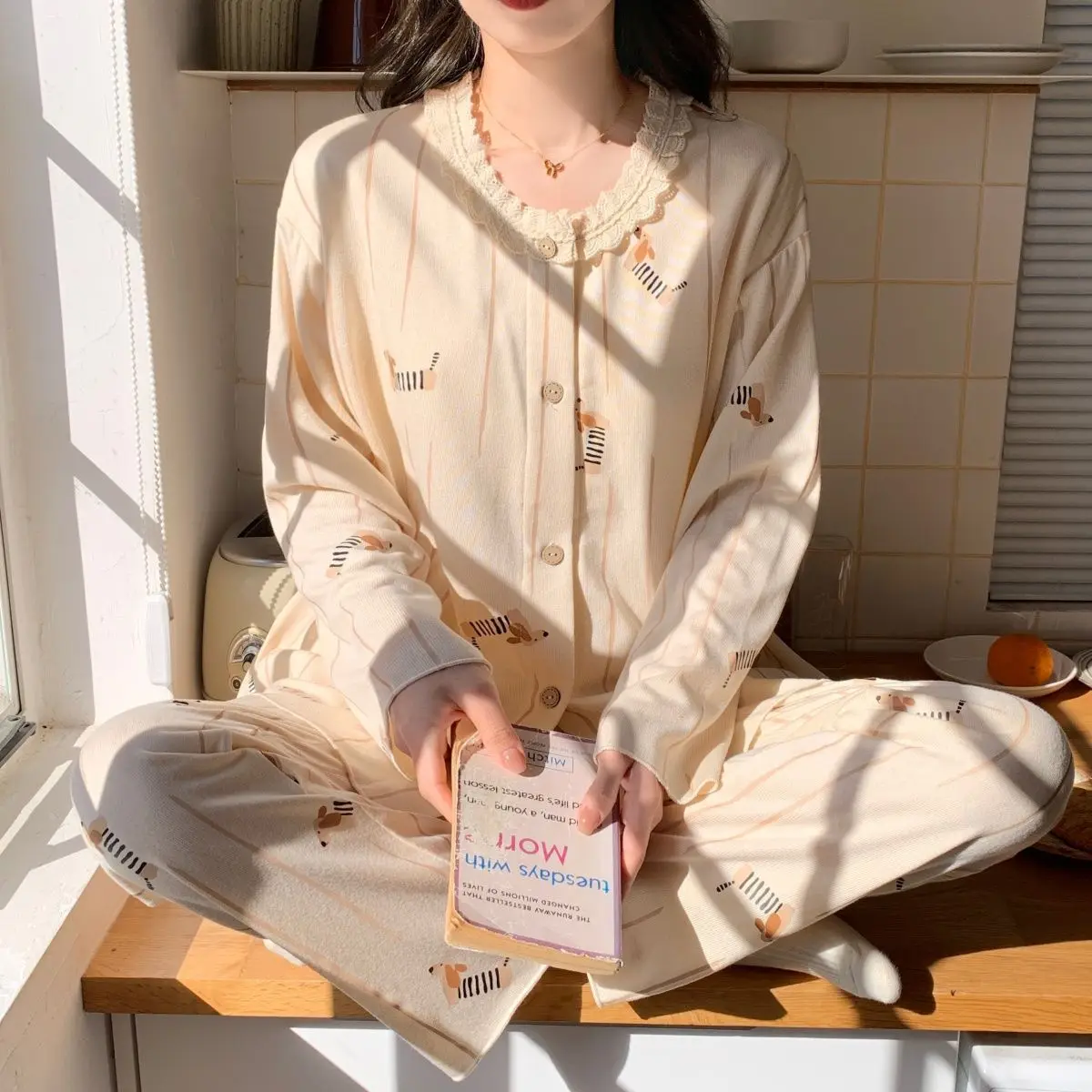 Pajamas Women Long Sleeve Casual Sweet Lace Cardigan Princess Style Ladies Homewear Set Puppy Soft