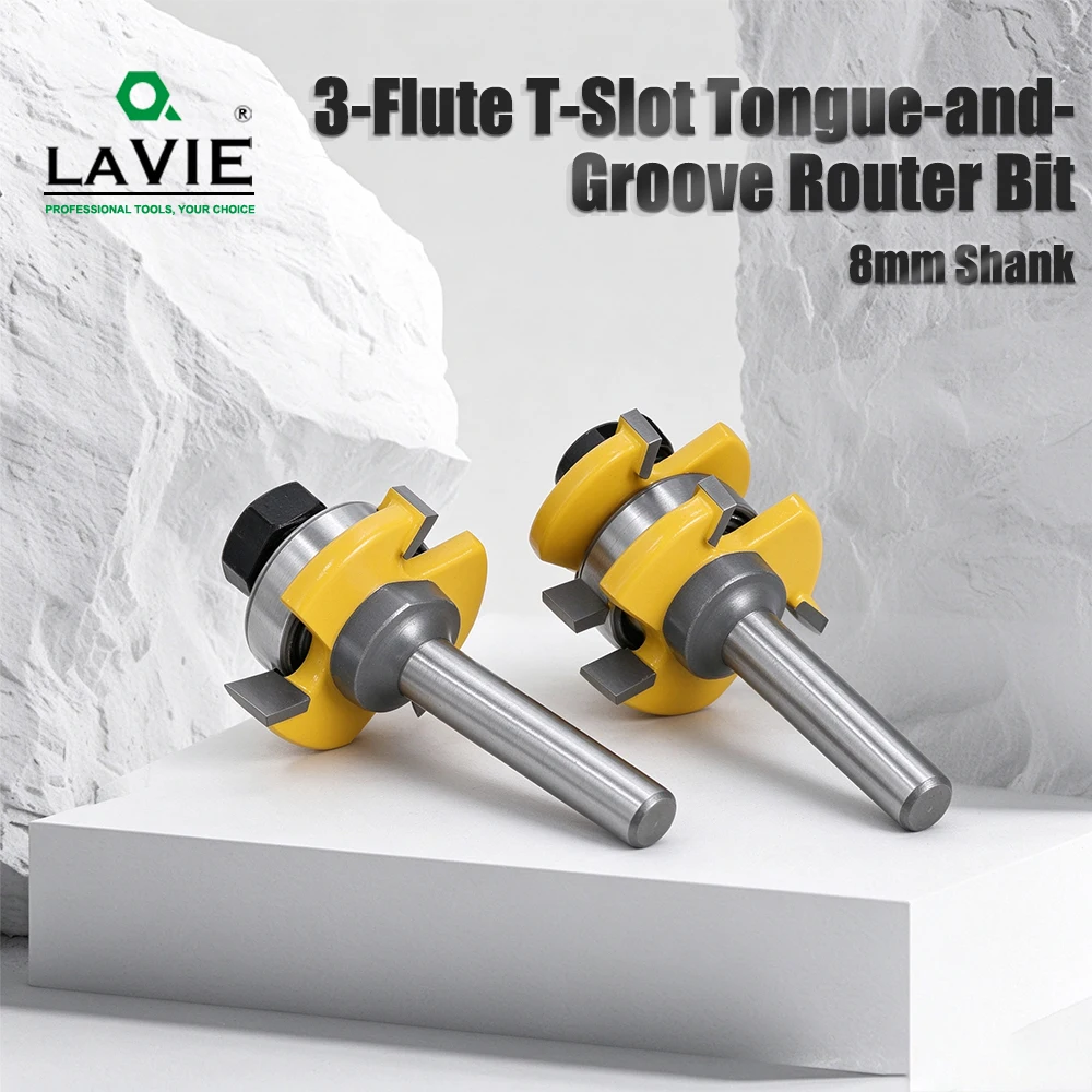 LAVIE 8mm Shank T-Slot Tongue And Groove Router Bit Kit, 2PCS 3-Wing Adjustable Milling Cutter Set For Woodworking MC02121