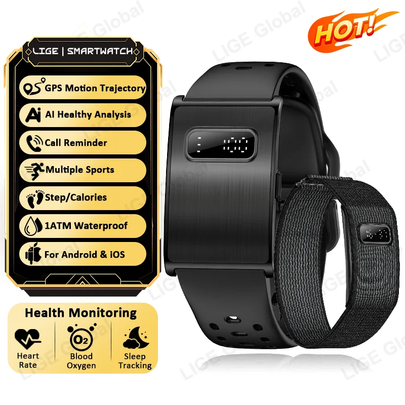 Pulseira Inteligente Esportiva LIGE GPS com Monitor de Saúde HRV SpO2 e Pressão Arterial, Pedômetro Digital, Smartwatch para Homens e Mulheres