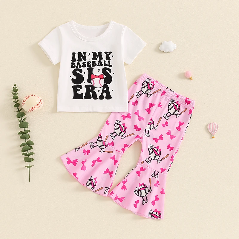 Toddler Baby Girl Summer Outfits Letter Baseball Print Round Neck Short Sleeve T-Shirts Flare Pants Infant 2Pcs Clothes Set