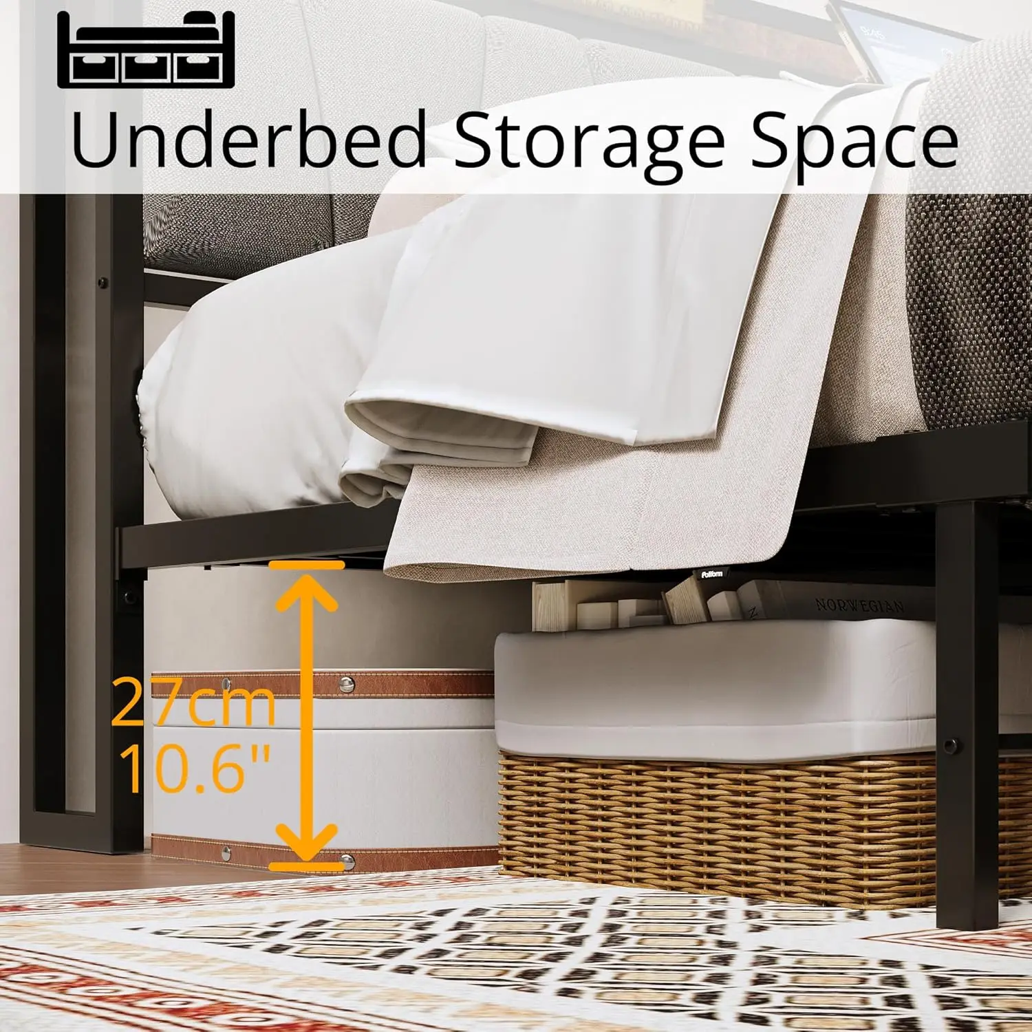 Bed Frames, Storage Headboard with Charging Station, Solid and Stable, Noise Free, No Box Spring Needed, Easy Assembly