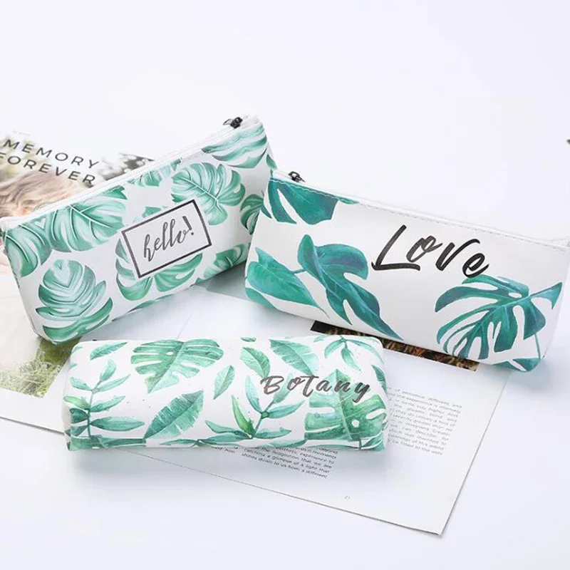 Creative Small Fresh Style Zipper Pencil Bags PU Leather Waterproof Random Turtle Back Leaf Pattern Pen Pouch School Stationery