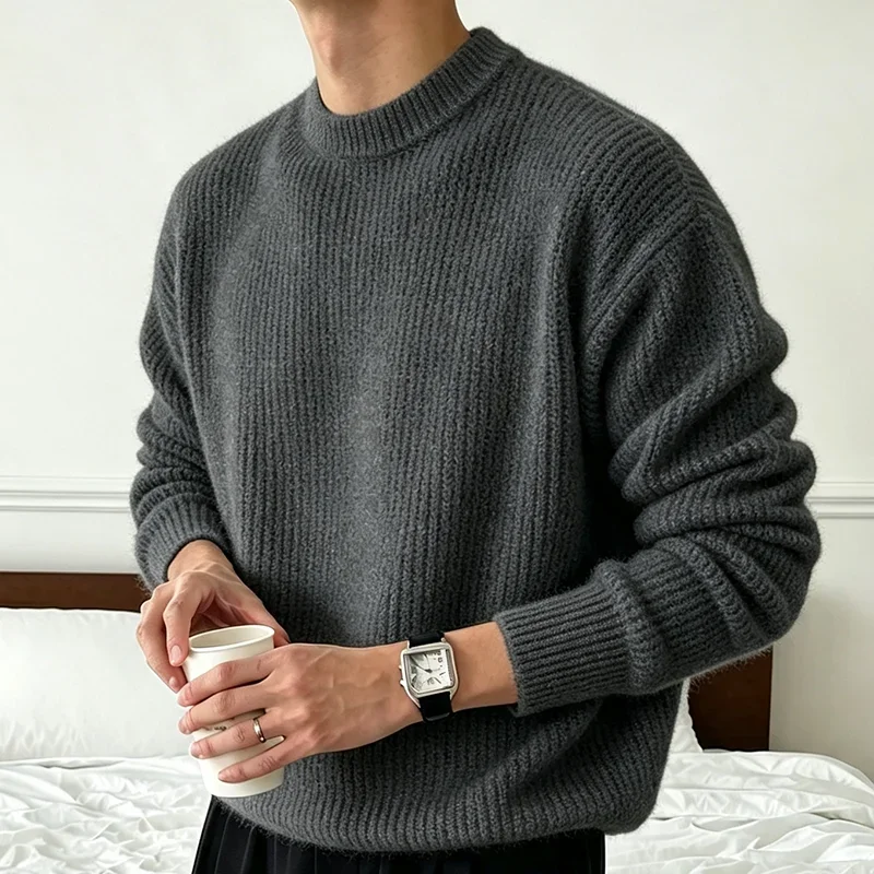 Herren Einfarbiger Strickpullover Frühling Herbst Lässige Mode Gerippte Textur Langarm Lockerer Rundhals-Strickpullover – Detail 32