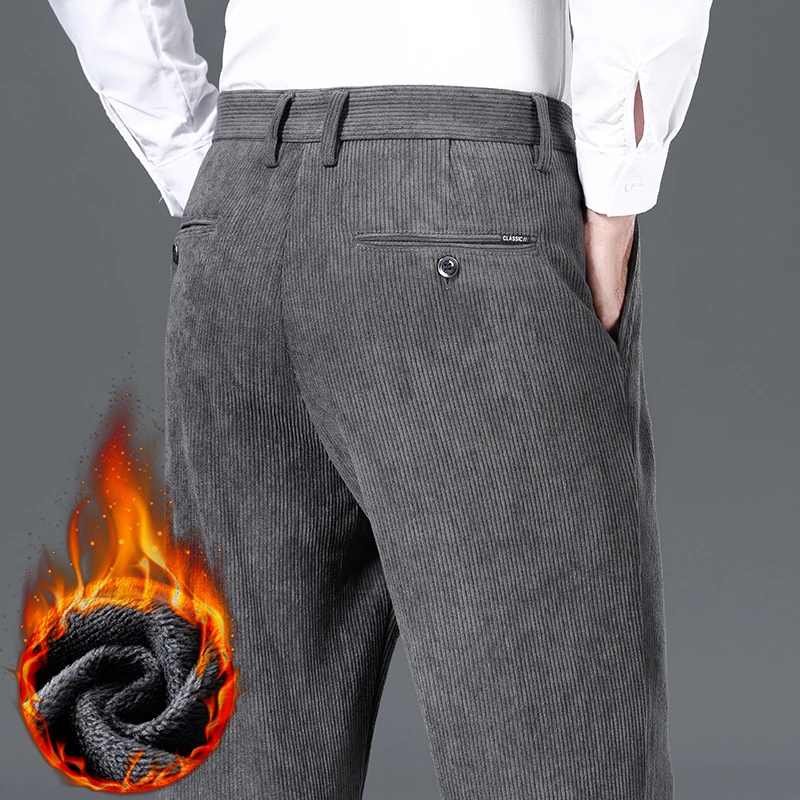 Winter Men's Corduroy Thick Casual Pants Business Casual Fleece Warm Straight Trousers Lining Velvet Work Pants Black Grey Brown