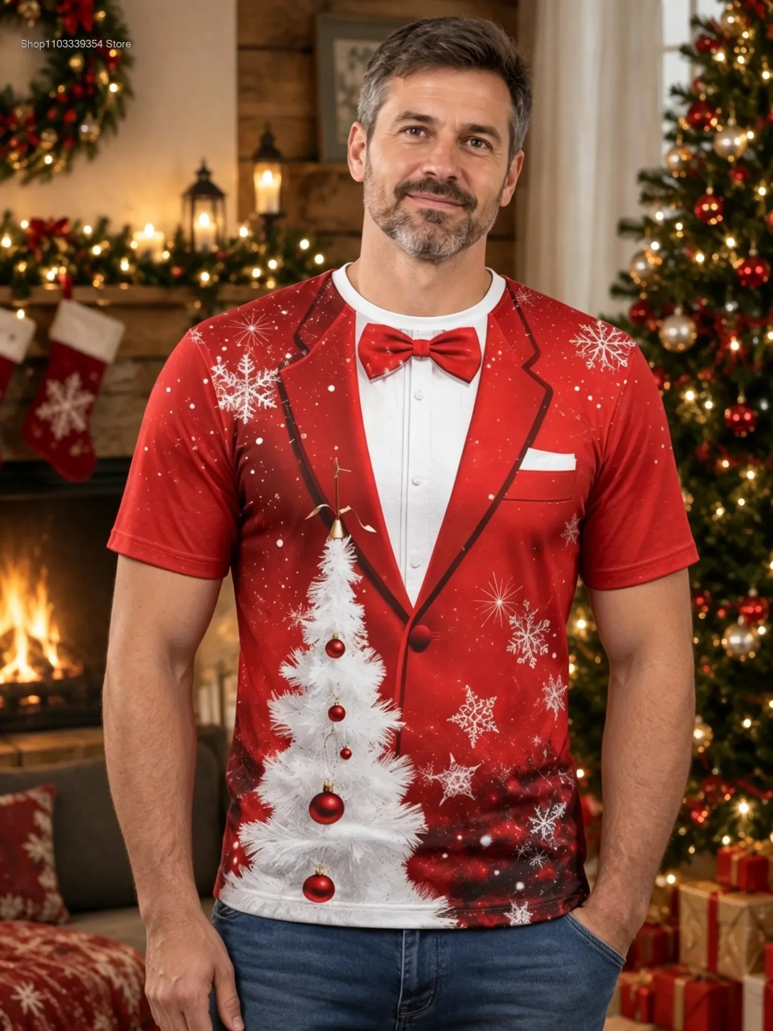 Fashion New Men's Christmas T Shirt Funny Suit Print Short Sleeve Santa Holiday Graphic Casual Party Top Tee Gift Unisex Clothes