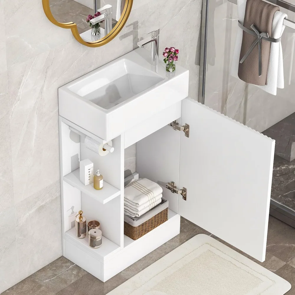 

18.6" Bathroom Vanity with Ceramic Sink, Freestanding Cabinets with Open Shelf and Toilet Paper Holder,