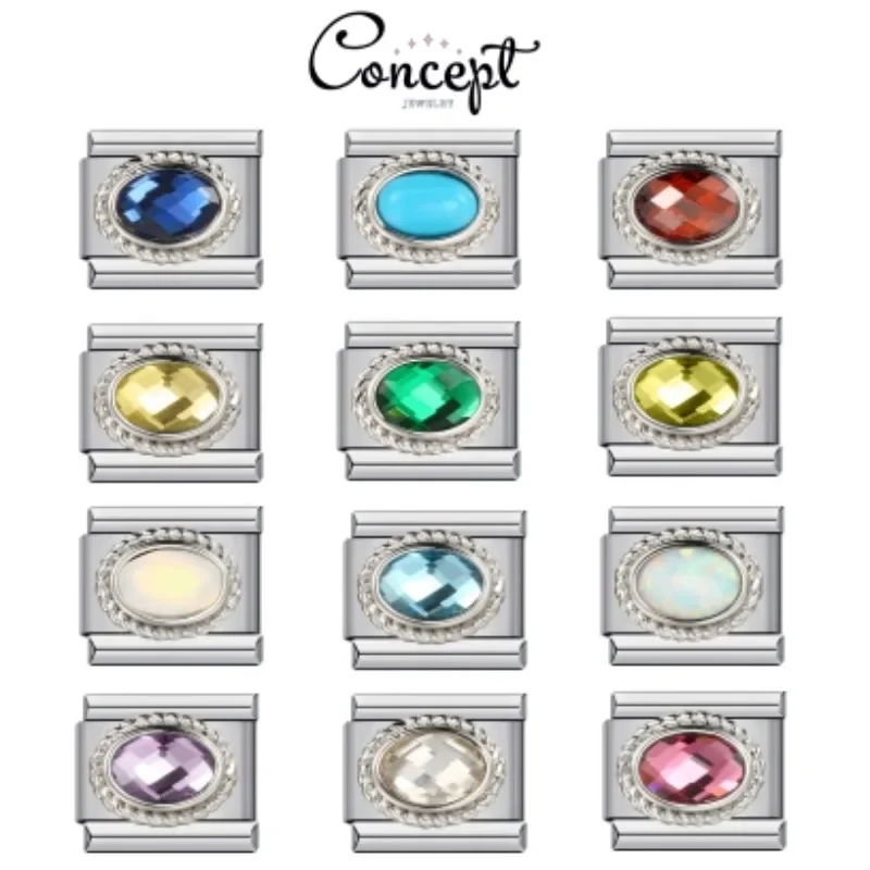 CONCEPT 2024 Fashion 12 Birthstones Italian Charm Links Fit 9mm Modular Stainless Steel Modular Bracelet DIY Making Jewellry