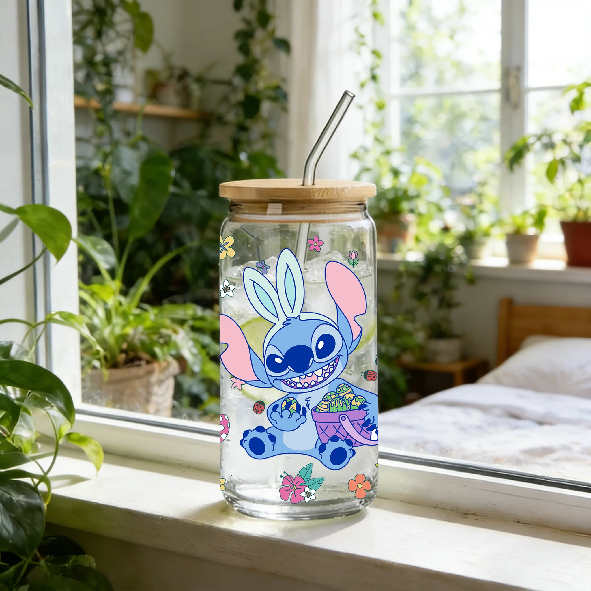 1pc 16oz Disney Stitch Easter Borosilicate Glass Tumbler with Lid & Straw Cute Summer Cup for Iced Coffee Juice Perfect Gift view 3