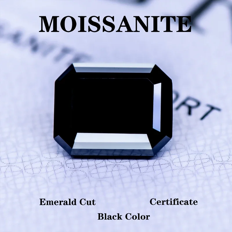 Moissanite Stone Emerald Cut Natural Black Color Extremely Shiny Quality DIY Advanced Jewelry Making Materials with Certificate