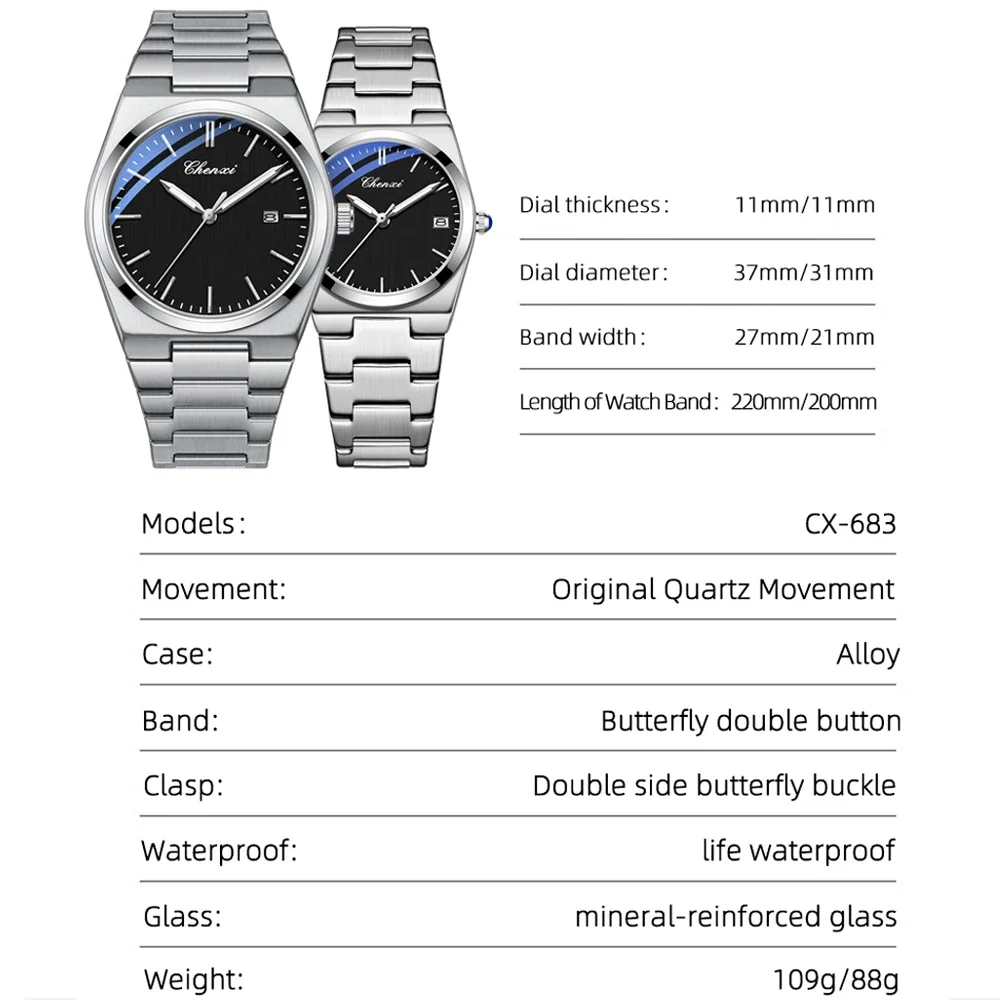 CHENXI Couple Watch Luxury Brand Quartz Watch Casual Waterproof Watches Lover Gift Men Women Calendar Clock Wrist Watch