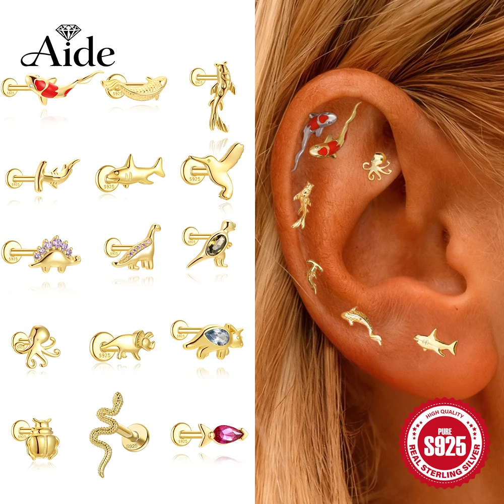 AIDE Piercing Earrings 925 Sterling Silver Trinkets Lucky Red Koi Dinosaur Octopus Snake Ladybug Bird Women Zircon Studs Earring