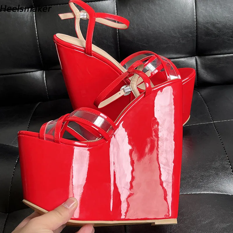Sukeia Handmade Women Super High Platform Sandals Wedges Heel Round Toe Gorgeous Red Fuchsia Pink Party Shoes US Size 4-14