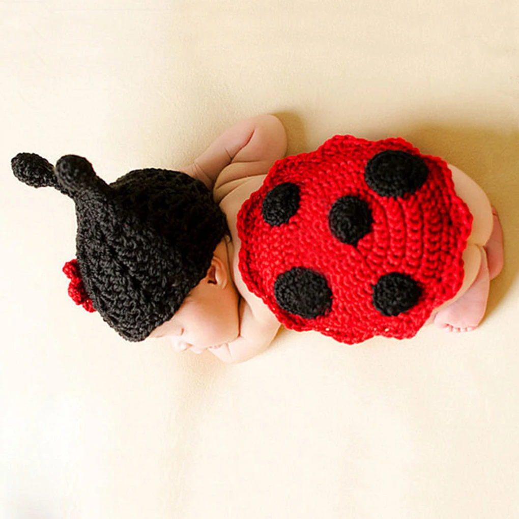 

Baby Photography Props Newborn Ladybird Insect Costume Boy Girl Infant Crochet Knit Hat Outfits Lace Ladybird