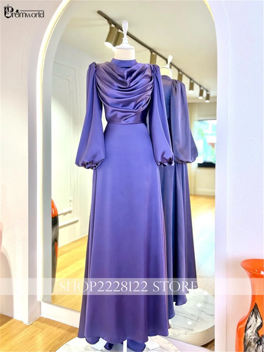 ثوب مسائي أنيق وبسيط منتفخ بأكمام طويلة مناسبة رسمية فساتين من الساتان طيات فيستدوس دي نوش أنيقة Para Mujer 2025