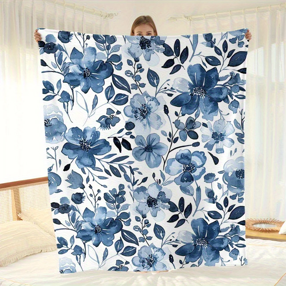 

1 шт. белое темно-синее одеяло с цветочным узором, полиэфирная ткань, можно стирать в машине, подходит для украшения спальни, гостиной