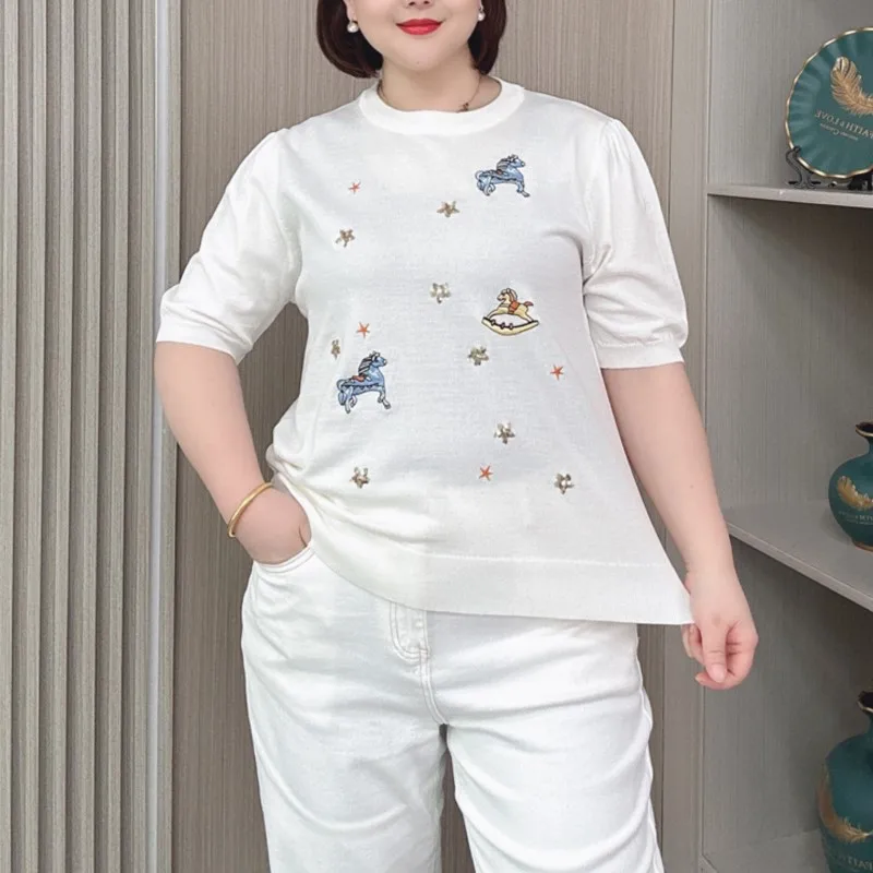 2024 New Plus Size Women Summer Slim Top Fashion Sequin Embroidery Ice Knit short-sleeved T-shirt