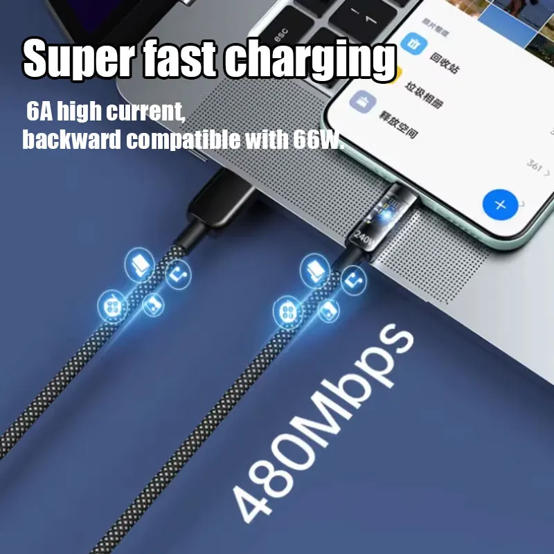 Lenovo Transparent 240W Super Fast Charging Type C Cable LED Indicator Braided Cord for Huawei vivo OPPO Xiaomi Honor