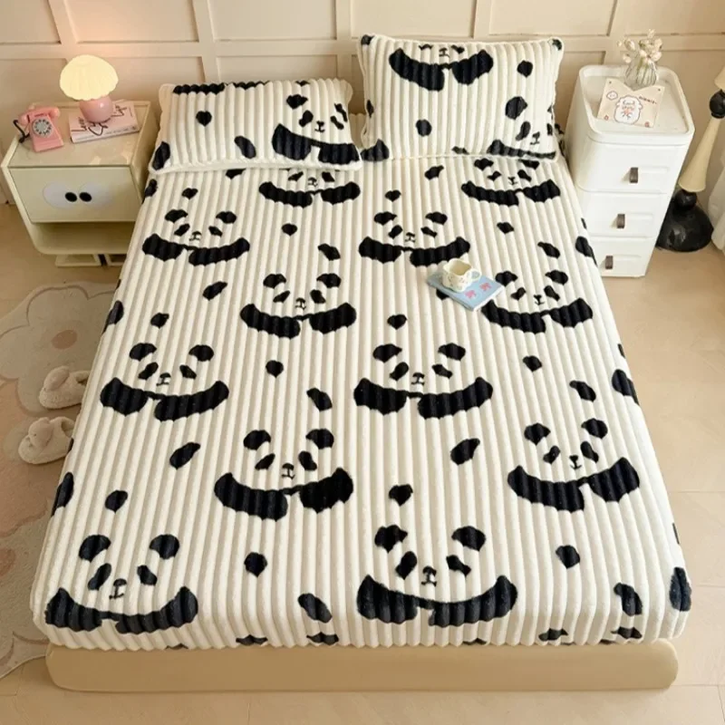 Fully Wrapped Printed Mattress Cover Autumn Winter Thicken Fitted Sheet Rabbit Plush Warm Comfortable Elastic Bed Cover Home