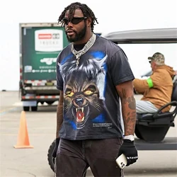 Vintage 24AW HS Brand Fashion  Full Moon Tee Wolf Print High-Street Cotton Casual Short Sleeve Tops T-Shirt